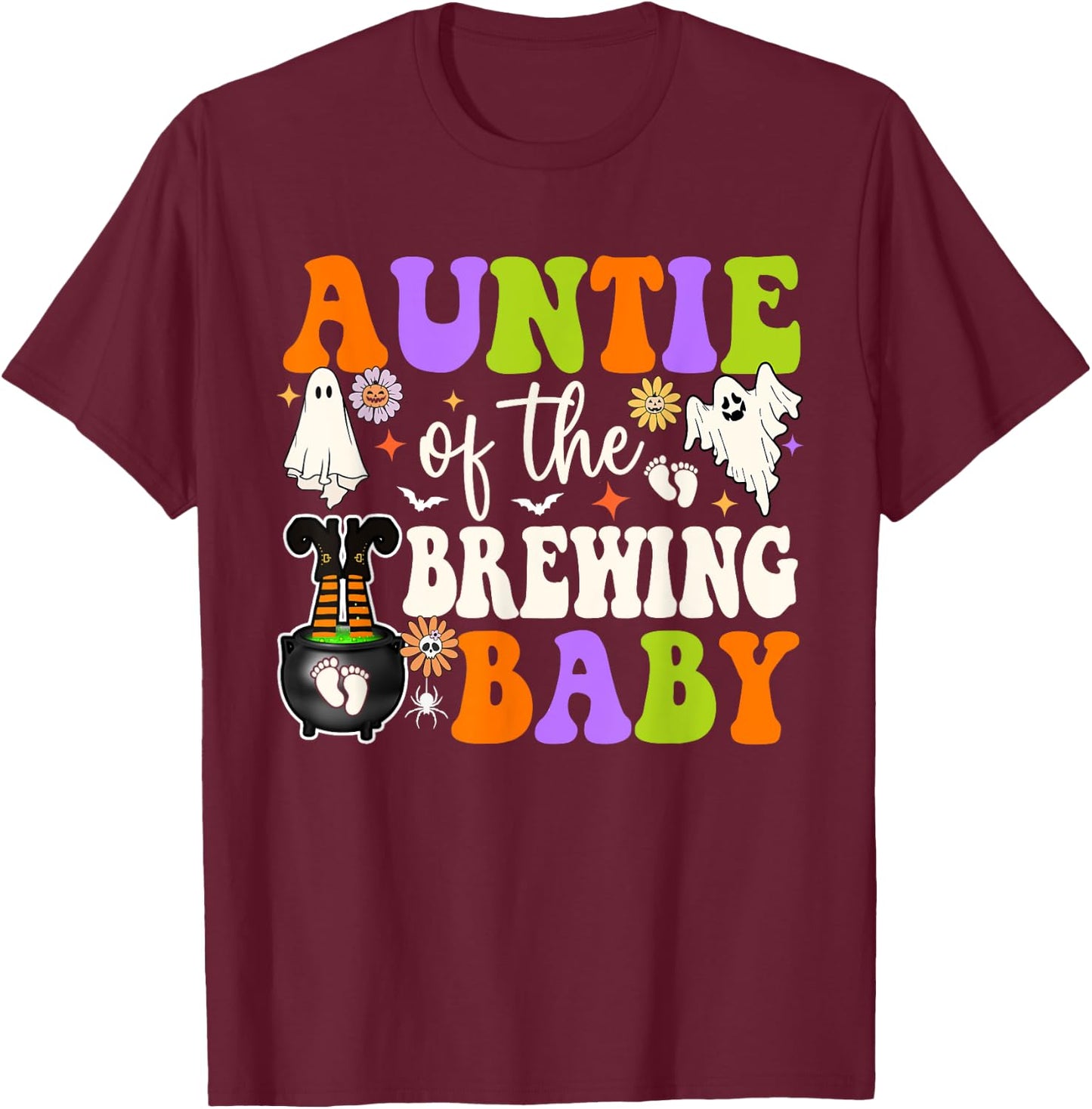 Auntie of Brewing Baby Halloween Theme Baby Shower Spooky T-Shirt - T-Shirt | Maroon