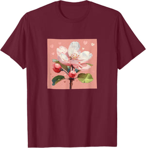 Apple Blossom Flower With Hearts Around Boho Style Graphic T-Shirt - T-Shirt | Maroon