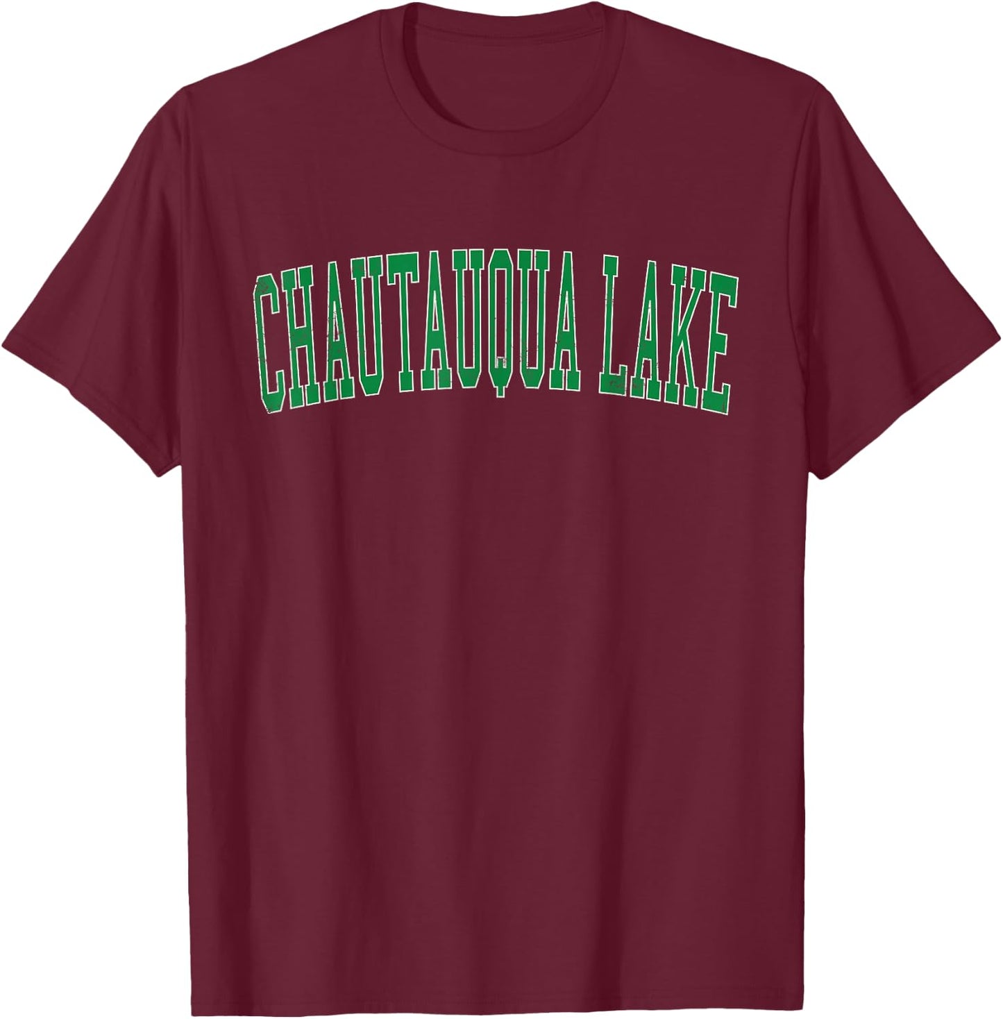 Vintage Chautauqua Lake Distressed Green Varsity Style T-Shirt - T-Shirt | Maroon