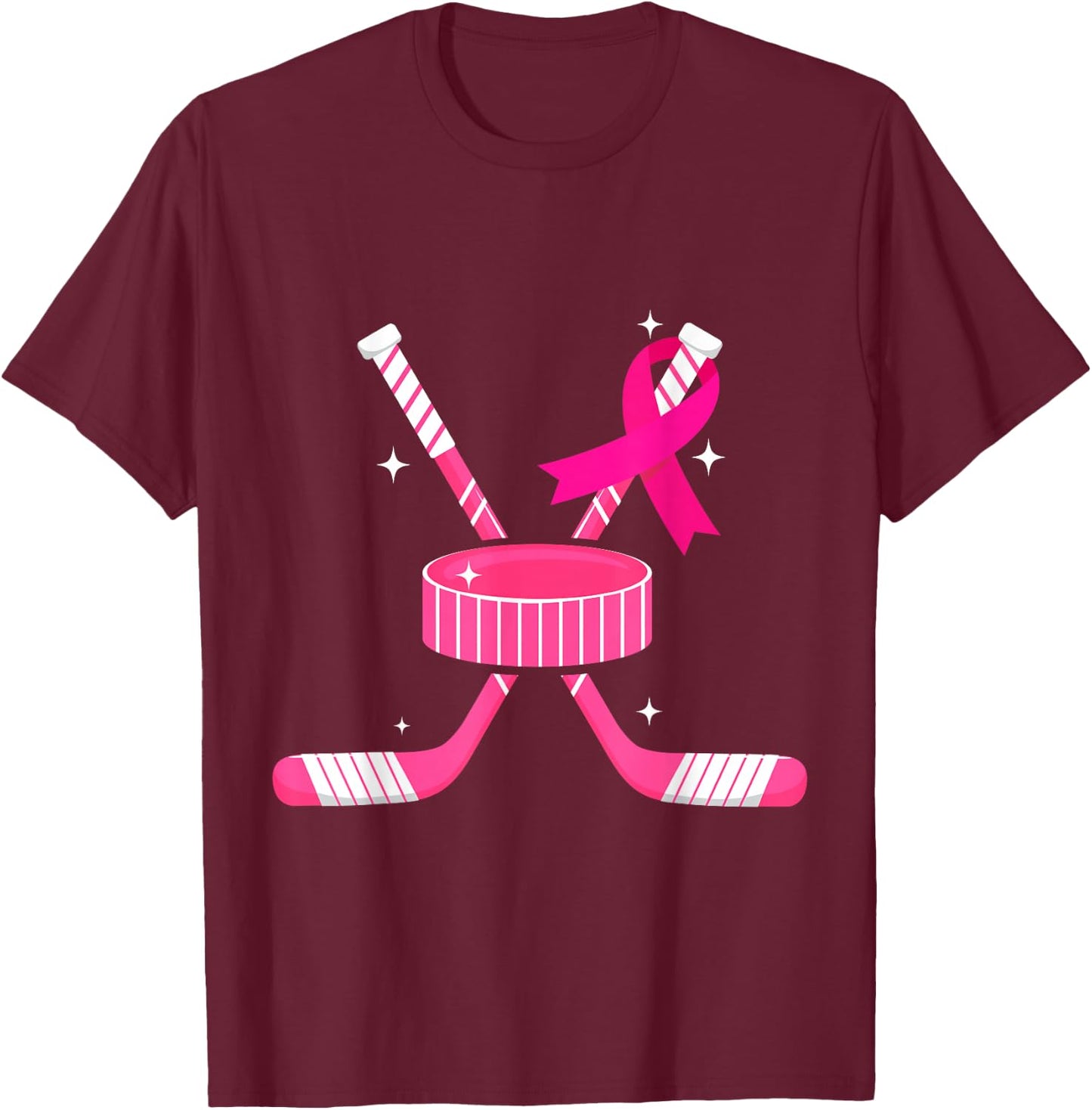 Ice Hockey Pink Ribbon Breast Cancer Awareness Survivors T-Shirt - T-Shirt | Maroon