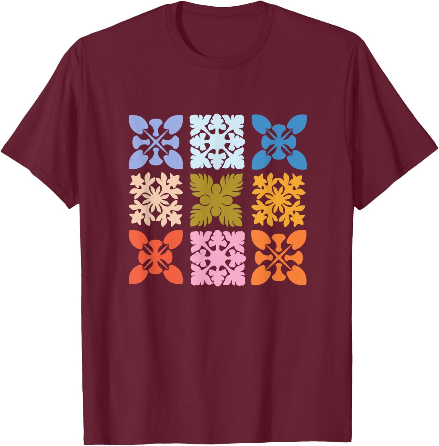 Color Block Hawaiian Quilt Square T-Shirt - T-Shirt | Maroon