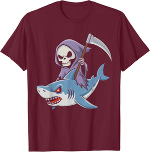 Funny Grim Reaper Riding Shark Lovers Spooky Halloween T-Shirt - T-Shirt | Maroon