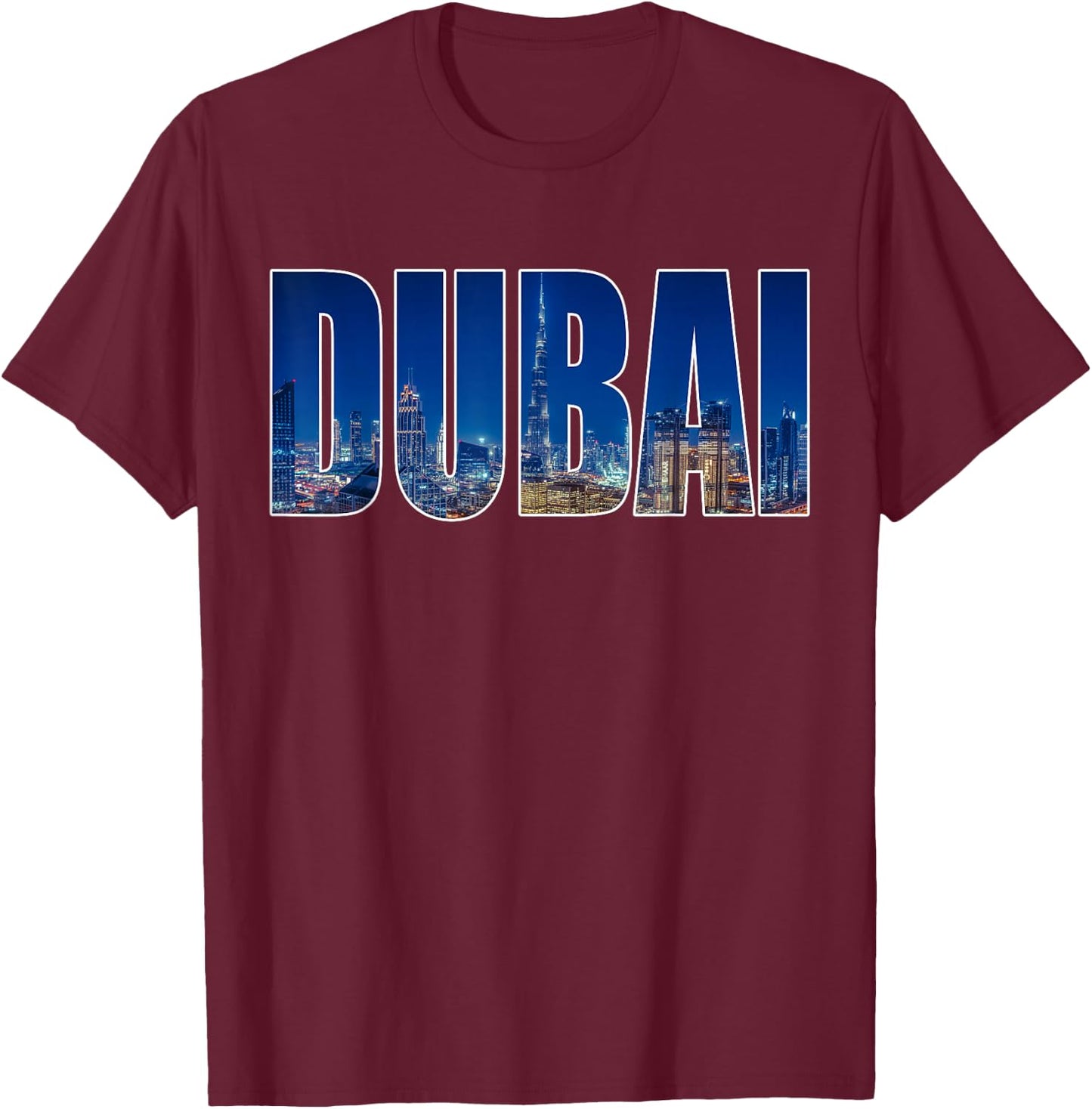 Dubai UAE Urban Skyline Photography Font T-Shirt - T-Shirt | Maroon