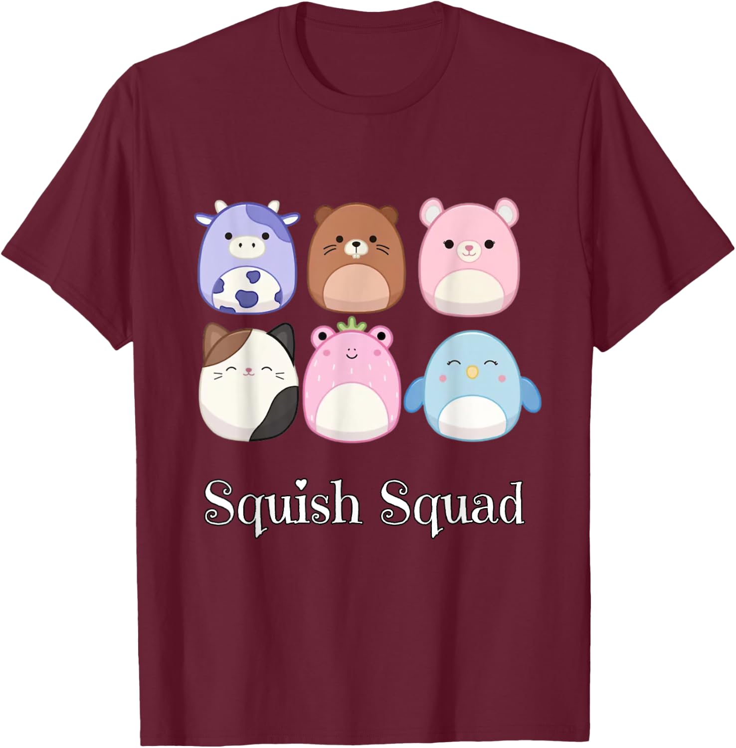 Squish Mallow Squad! Cow, Cat, Bird Stuffed Animal Plush Toy T-Shirt - T-Shirt | Maroon