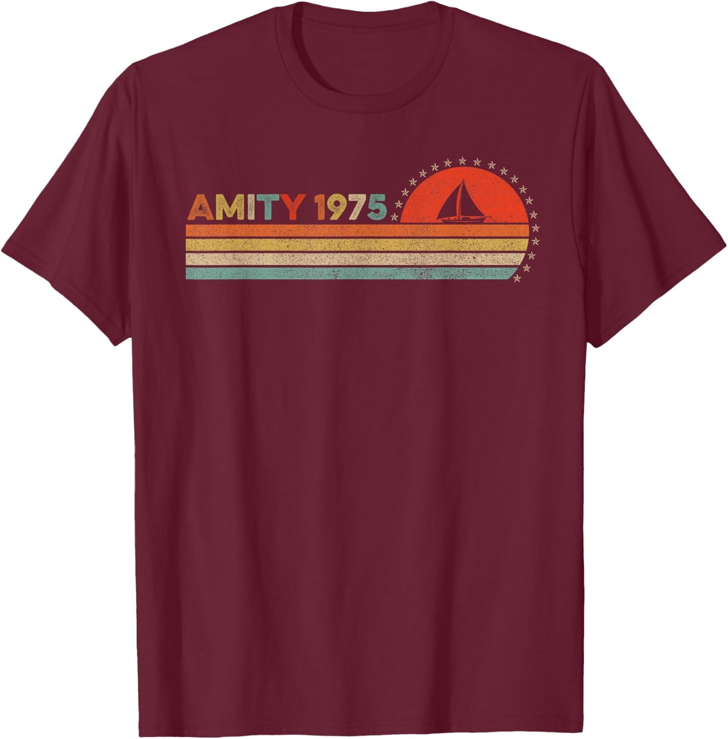 Vintage Amity 1975 Sunset Retro - Sailboat Sunrise Summer T-Shirt - T-Shirt | Maroon
