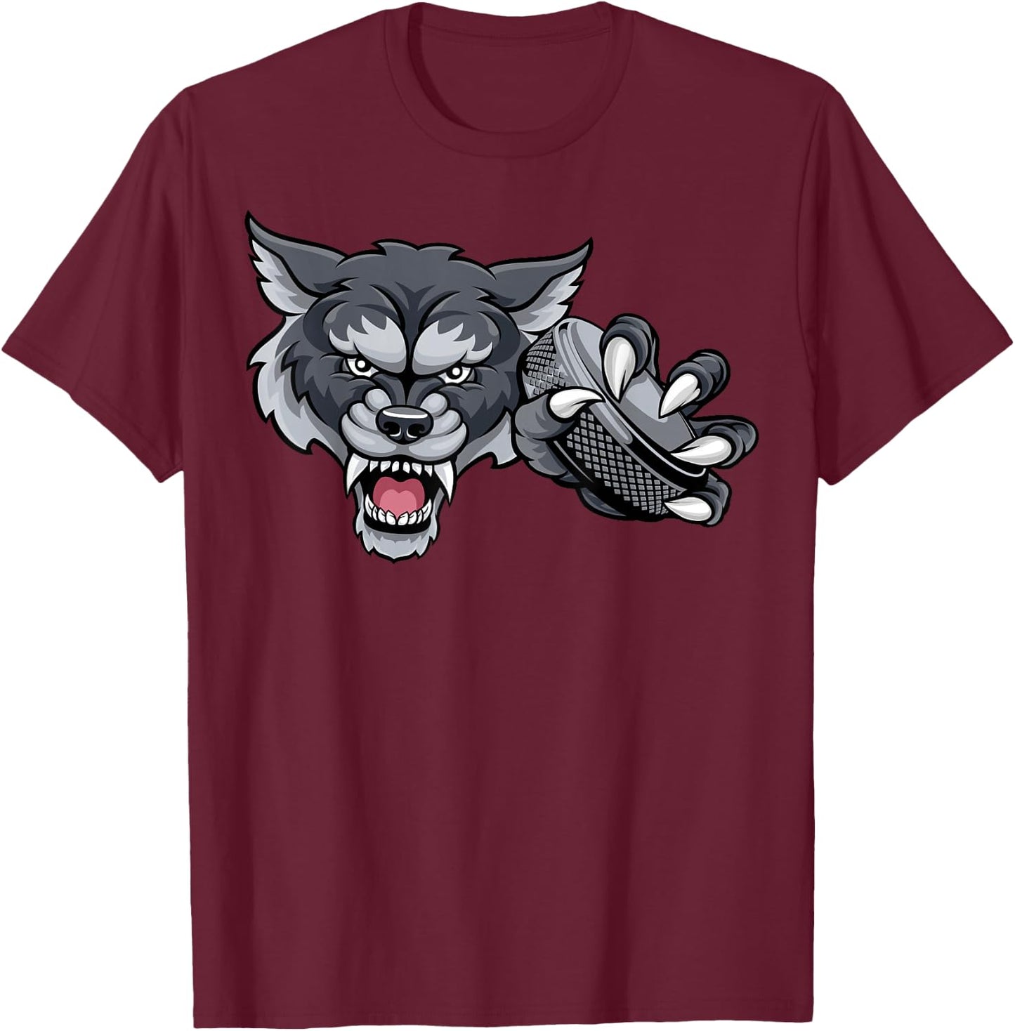 Wolf Cartoon Sports Wolves Team Mascot Holding Hockey Puck T-Shirt - T-Shirt | Maroon