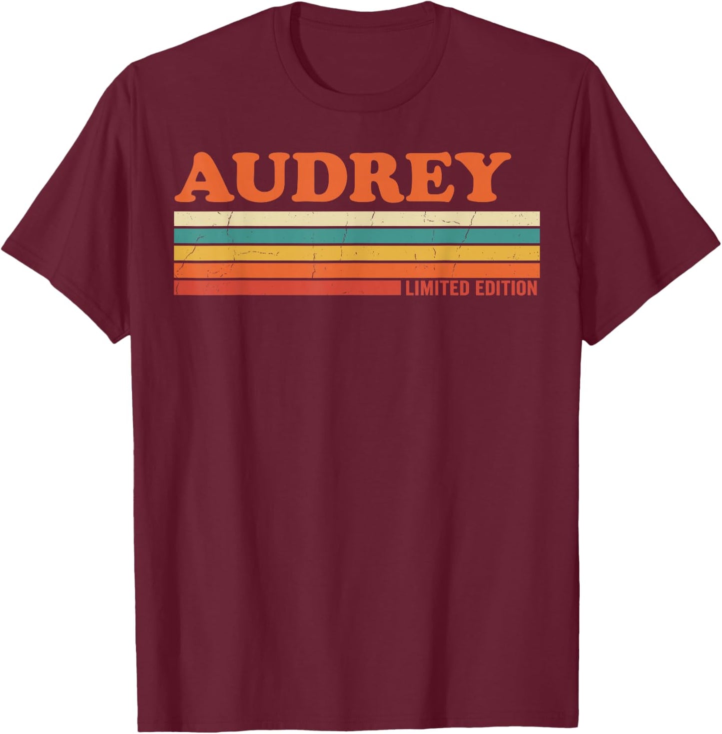 Audrey Retro Personalized First Name Vintage Stripes T-Shirt - T-Shirt | Maroon