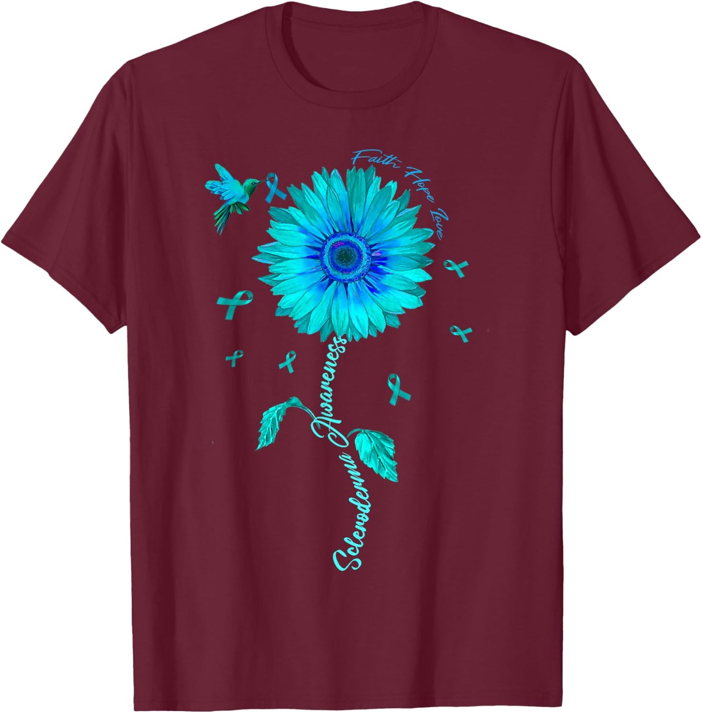 Scleroderma Awareness Teal Ribbon Sunflower T-Shirt - T-Shirt | Maroon