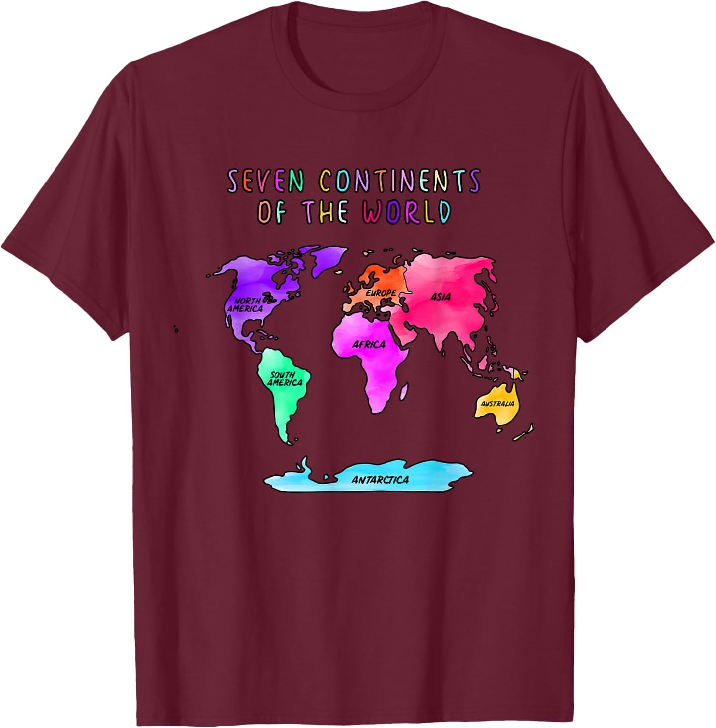 Simplified, watercolor world map, names of the continents T-Shirt - T-Shirt | Maroon