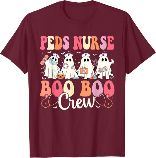 PEDS Nurse Boo Boo Crew Ghost Nurse Halloween PEDS Nurse T-Shirt - T-Shirt | Maroon