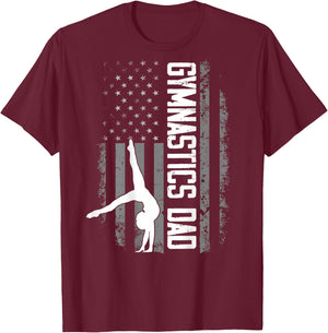 Gymnast Cheer Dad Gymnastics Dad US Flag Patriotic ON Back T-Shirt - T-Shirt | Maroon
