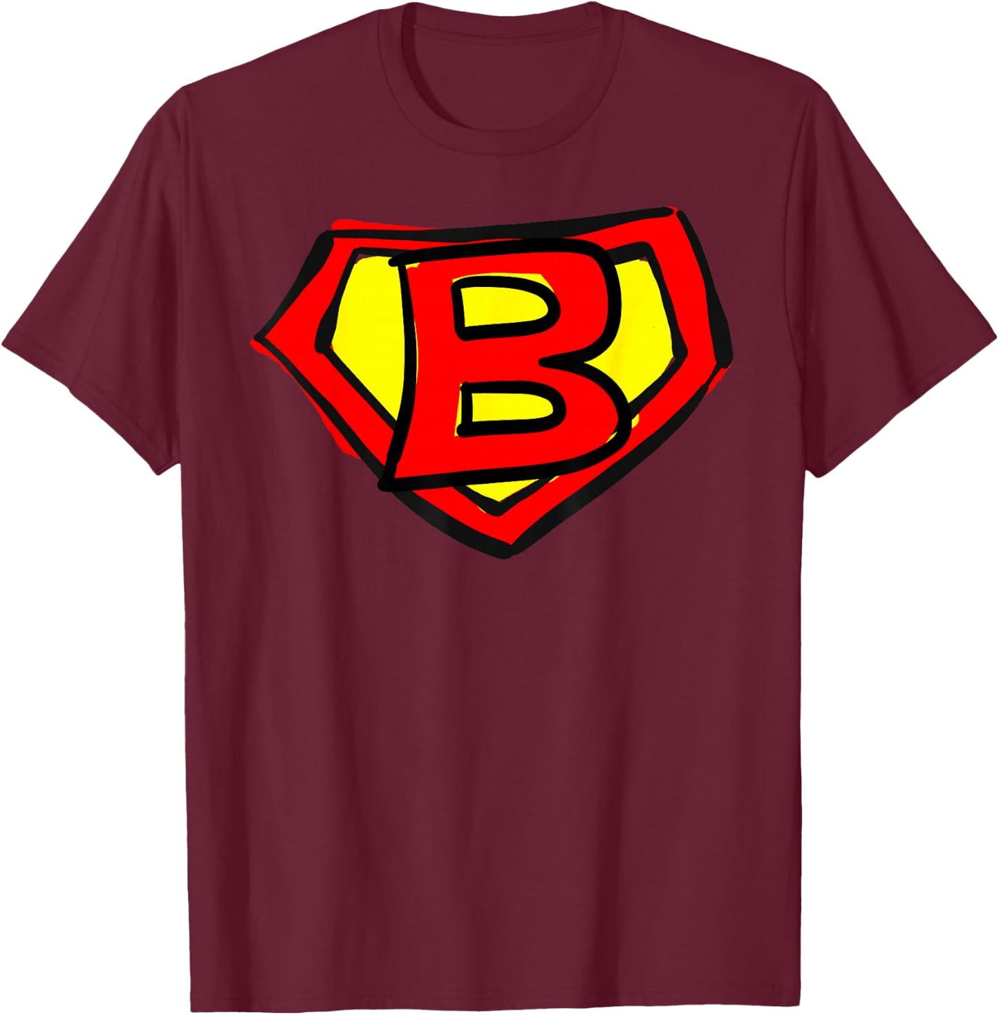 Superhero Letter on Chest B Cute Cartoon Version T-Shirt - T-Shirt | Maroon