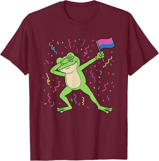 Bisexual Flag Frog Dabbing LGBTQ Bi Pride Month Men Women T-Shirt - T-Shirt | Maroon