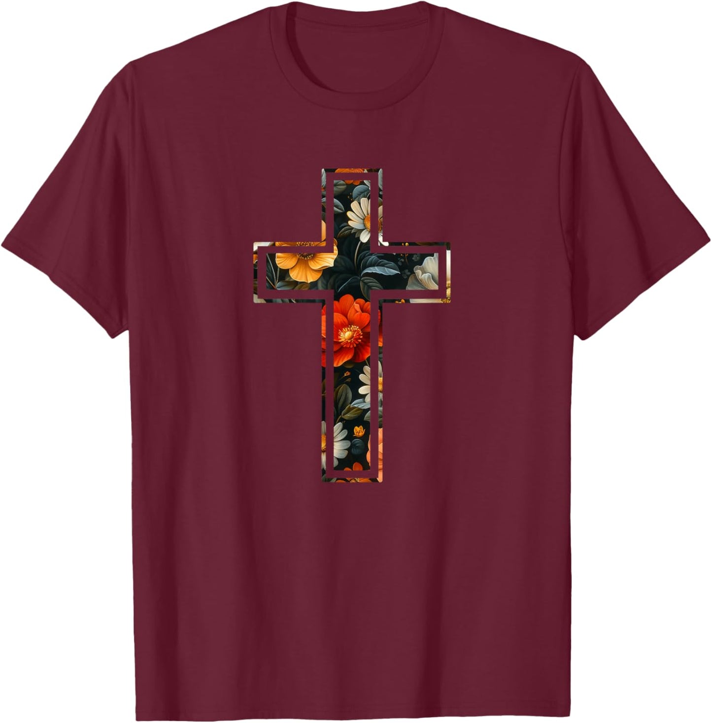 Elegant Silhouette Flowers Faith Floral Christian Cross T-Shirt - T-Shirt | Maroon