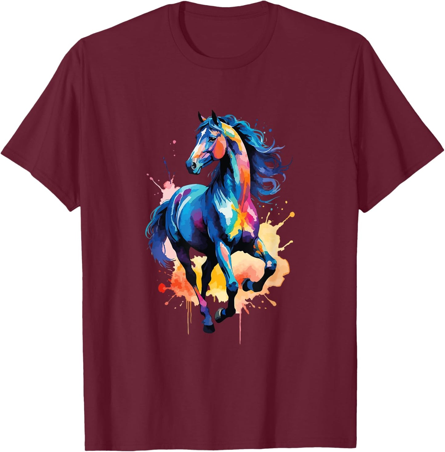 Colorful Horse Graphic Watercolor Style Horse Riding T-Shirt - T-Shirt | Maroon