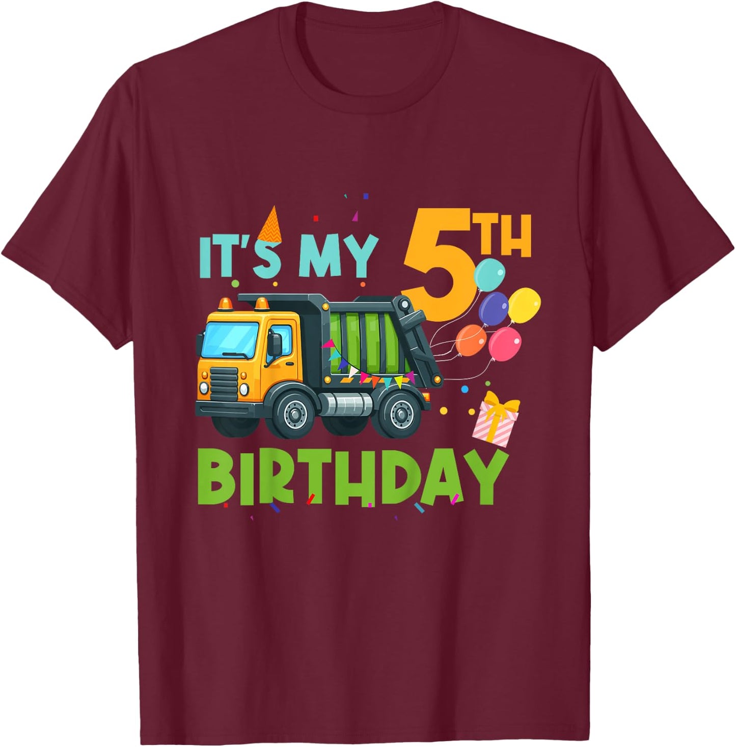 It's My Fifth Birthday 5 Year Old Garbage Truck Birthday T-Shirt - T-Shirt | Maroon