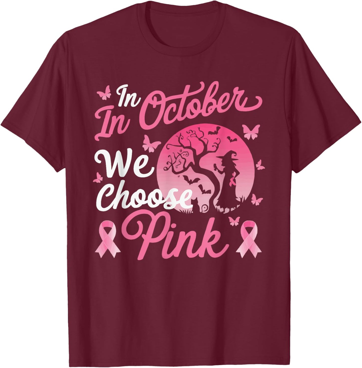 Halloween Breast Cancer Awareness Month Pink Ribbon T-Shirt - T-Shirt | Maroon