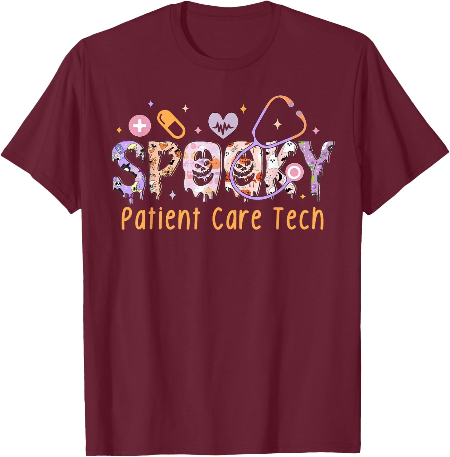 Spooky Patient Care Tech PCT Healthcare Aide Halloween T-Shirt - T-Shirt | Maroon