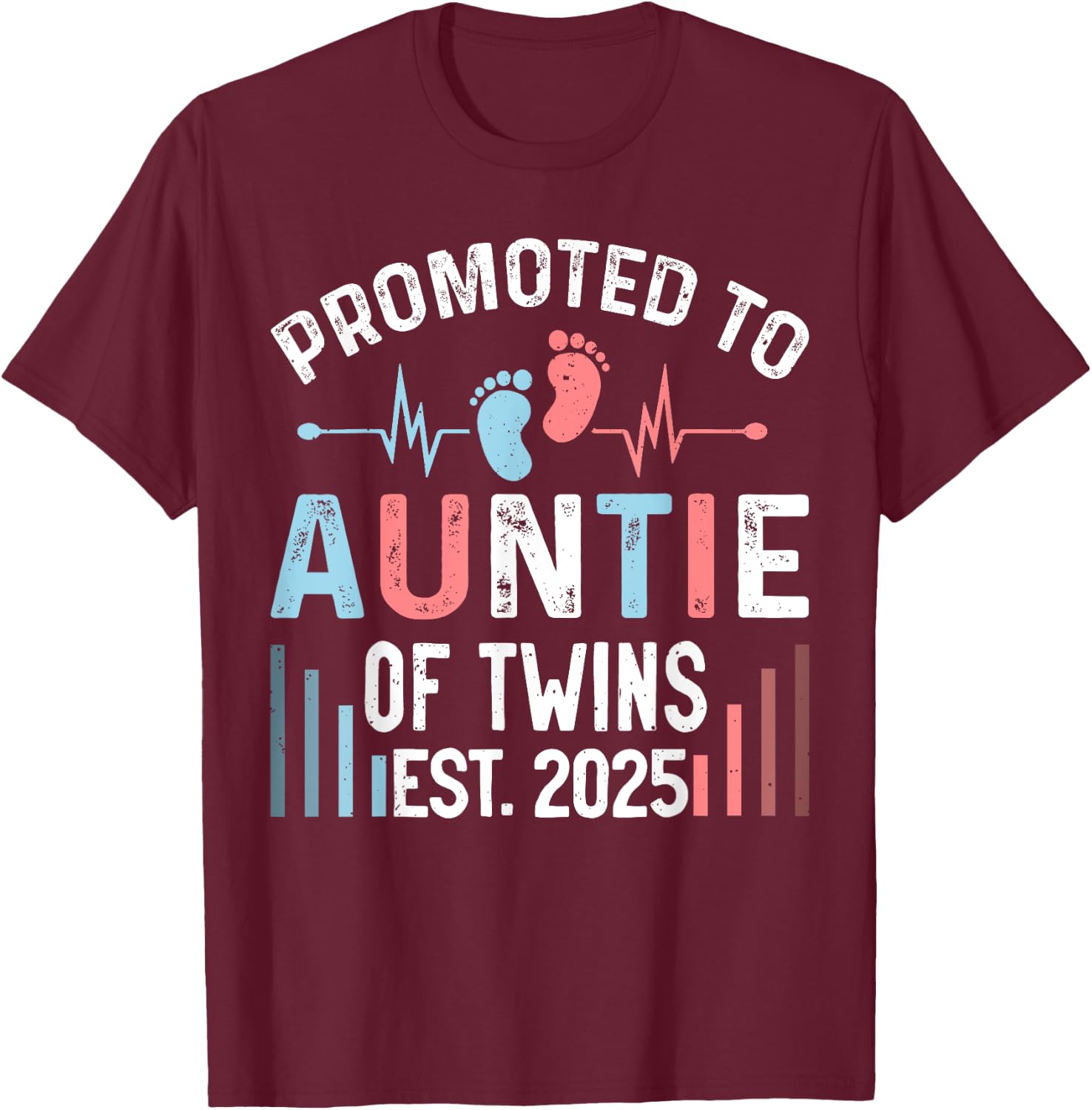 Promoted To Auntie Of Twins Est 2025 Twin Baby Shower T-Shirt - T-Shirt | Maroon