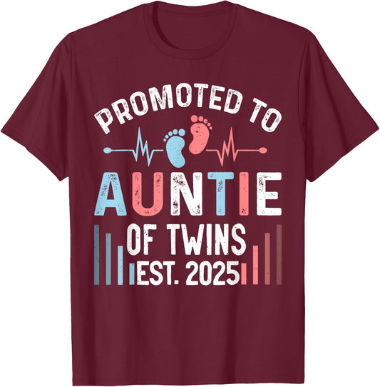 Promoted To Auntie Of Twins Est 2025 Twin Baby Shower T-Shirt - T-Shirt | Maroon