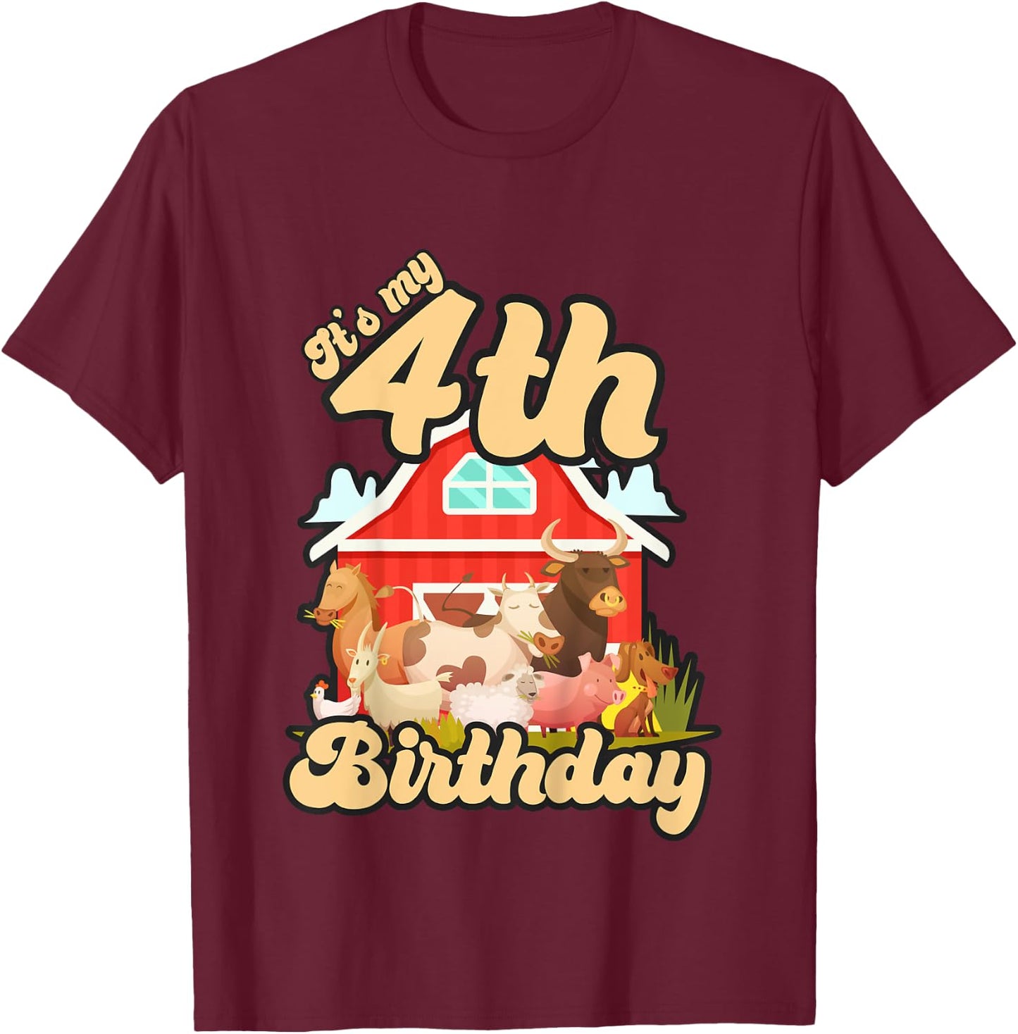 4th Birthday Shirt Farm Animals Cow Horse Pig 4 Years Old T-Shirt - T-Shirt | Maroon