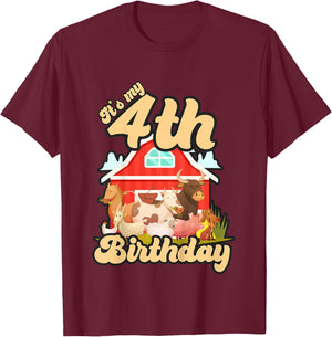 4th Birthday Shirt Farm Animals Cow Horse Pig 4 Years Old T-Shirt - T-Shirt | Maroon