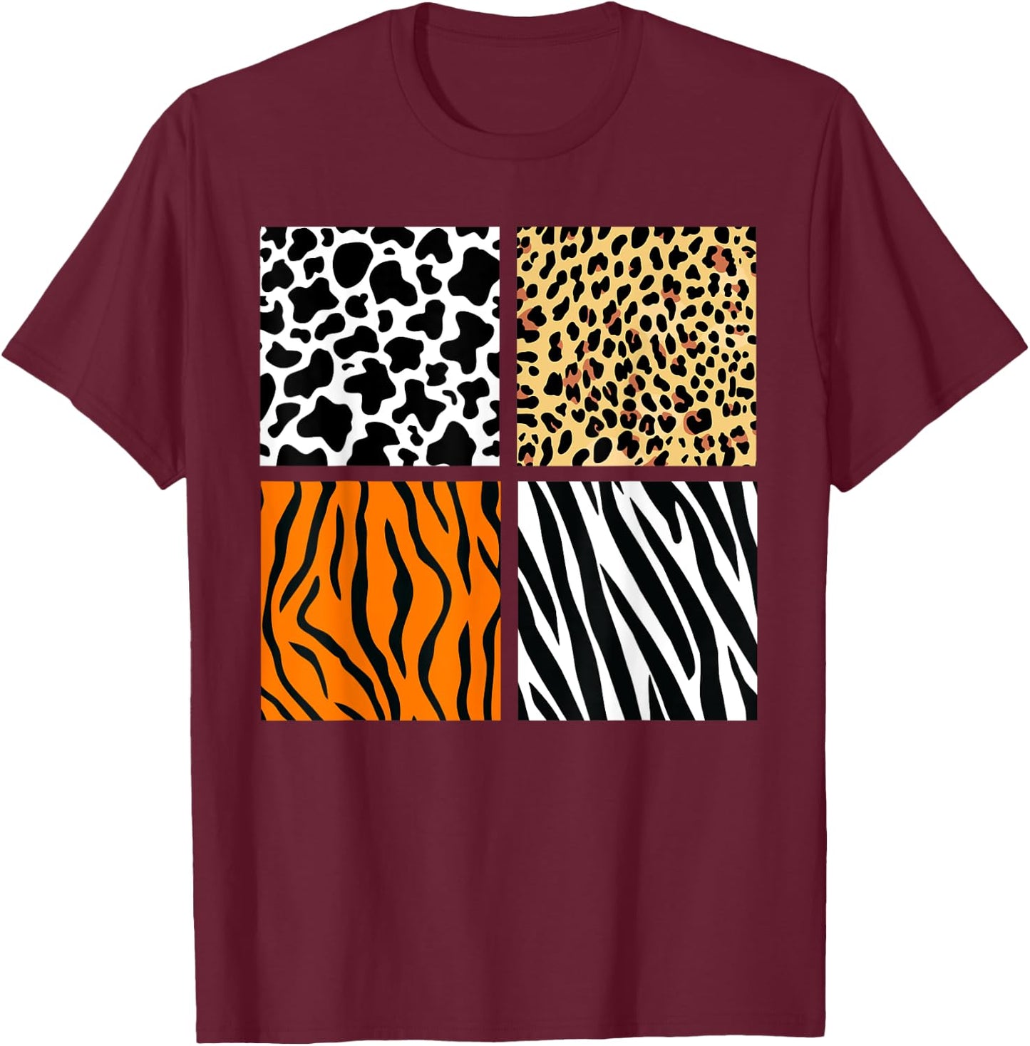 Four Animal Pattern Cow Tiger Leopard Zebra Animal Print T-Shirt - T-Shirt | Maroon