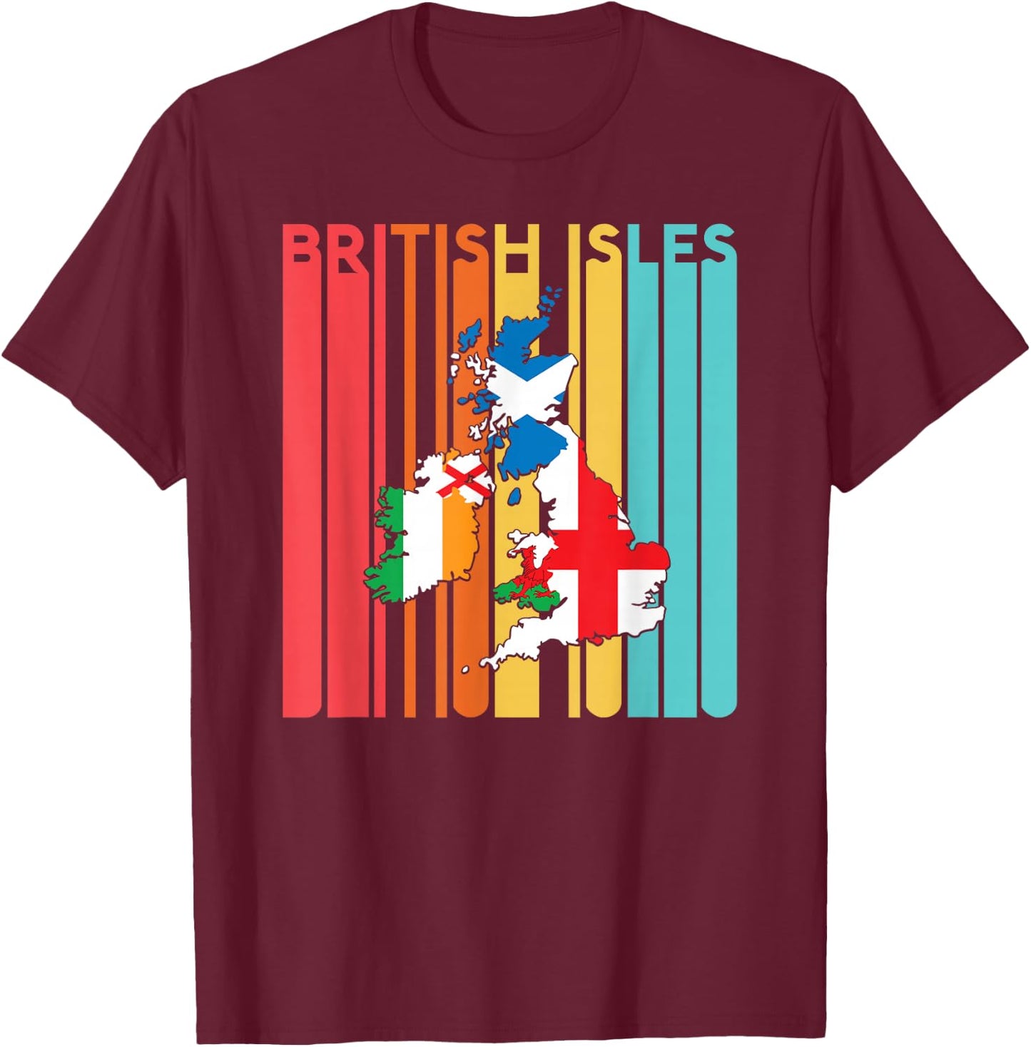British Isles Sea Ireland Scotland Wales England Map Retro T-Shirt - T-Shirt | Maroon