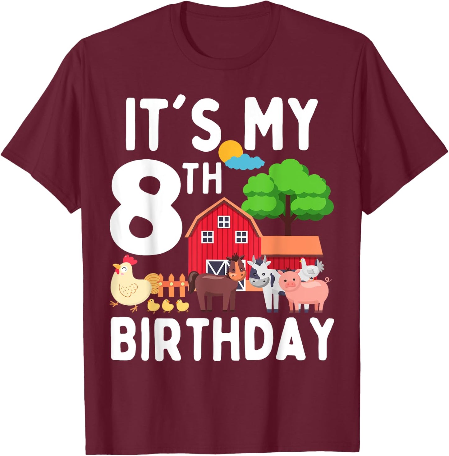 It's My 8th Birthday 8 Years Old Farm Animals Theme for Kids T-Shirt - T-Shirt | Maroon
