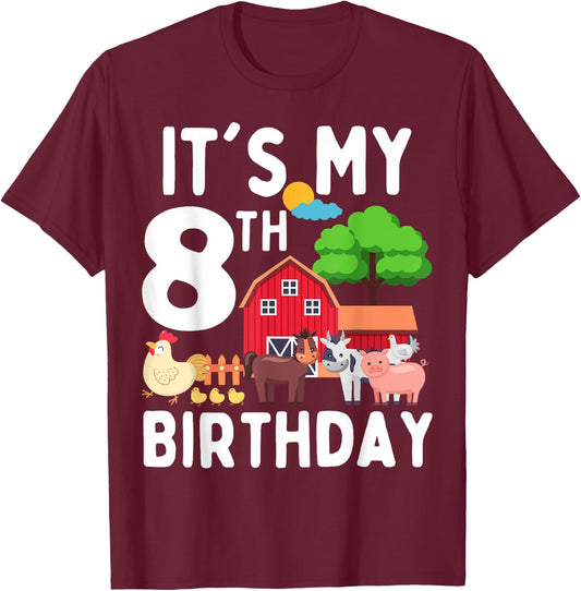 It's My 8th Birthday 8 Years Old Farm Animals Theme for Kids T-Shirt - T-Shirt | Maroon