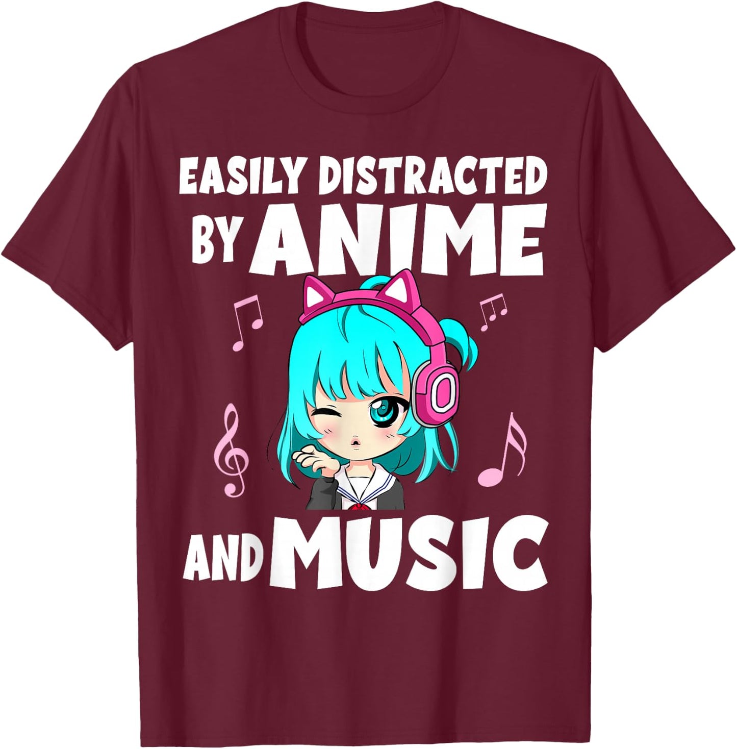 Funny Anime and Music Girl for Teen Chibi Graphic Anime Girl T-Shirt - T-Shirt | Maroon