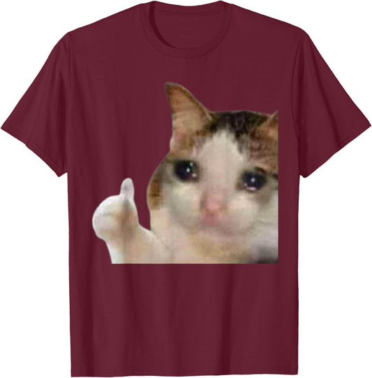 Thumbs Up Crying Cat Meme T-Shirt - T-Shirt | Maroon