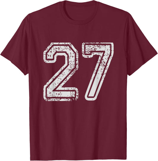 Team Jersey Uniforms Number 27 School Sports 27th Birthday T-Shirt - T-Shirt | Maroon