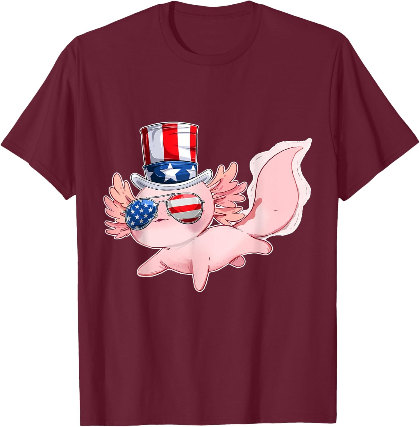 4th of July Cute Axolotl Independence Day USA glasses Hat Kids Men T-Shirt - T-Shirt | Maroon