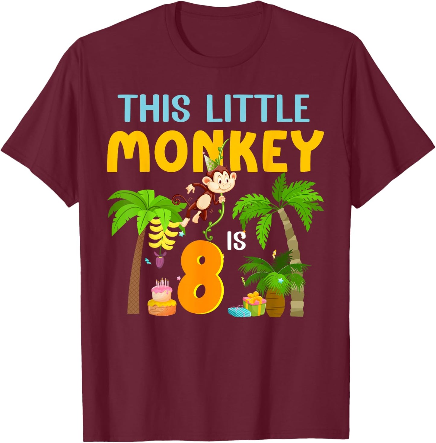 This Little Monkey Is 8 Jungle Animal 8th Bday 8 Years Old T-Shirt - T-Shirt | Maroon
