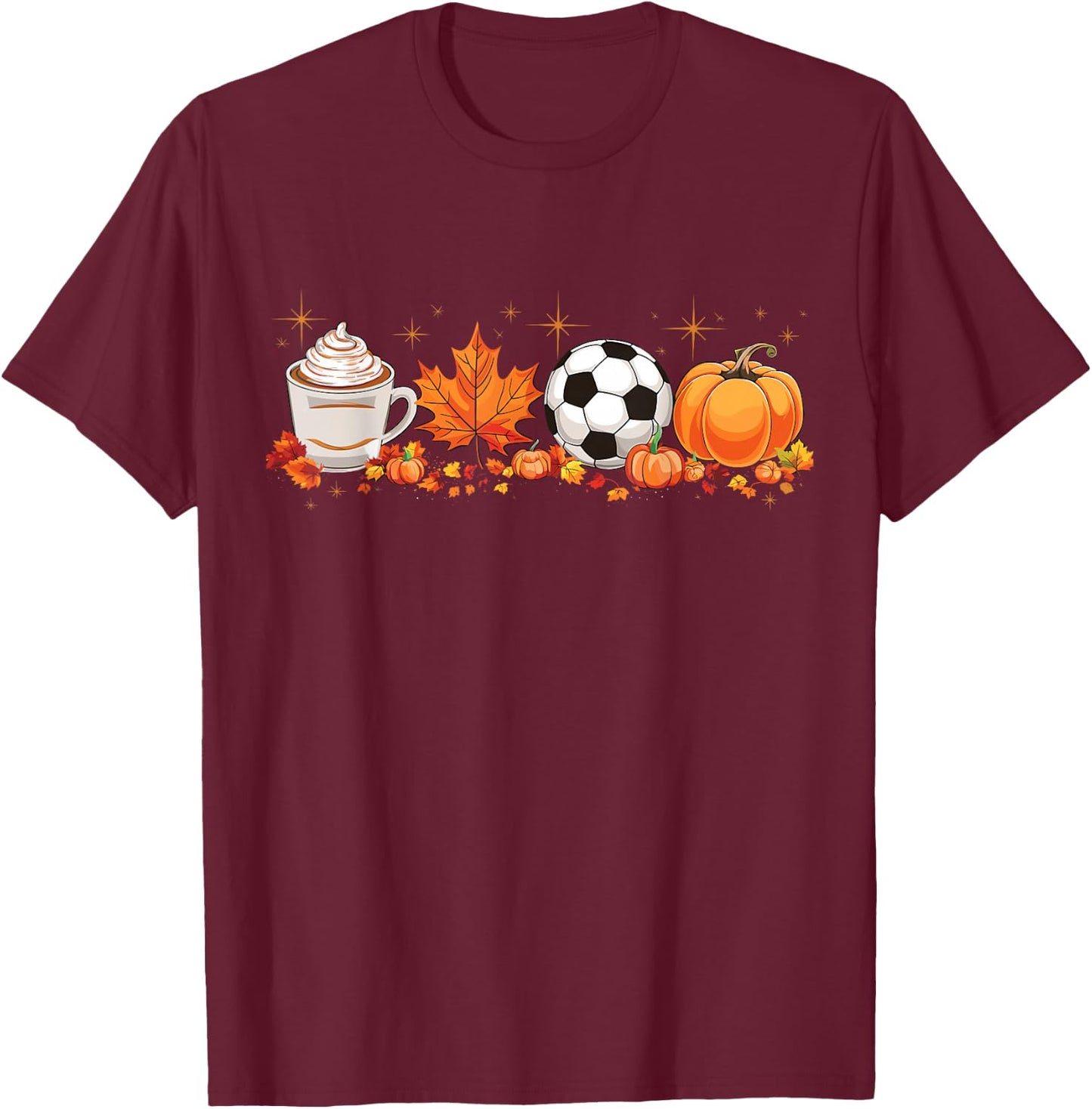 Fall Vibes Pumpkin Spice Soccer Halloween Autumn Leaves T-Shirt - T-Shirt | Maroon