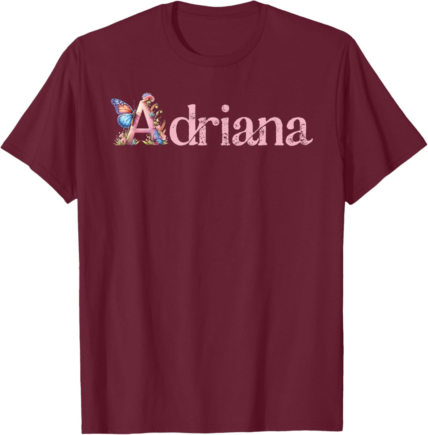 Adriana Initial A Spring Floral And Wings Name T-Shirt - T-Shirt | Maroon