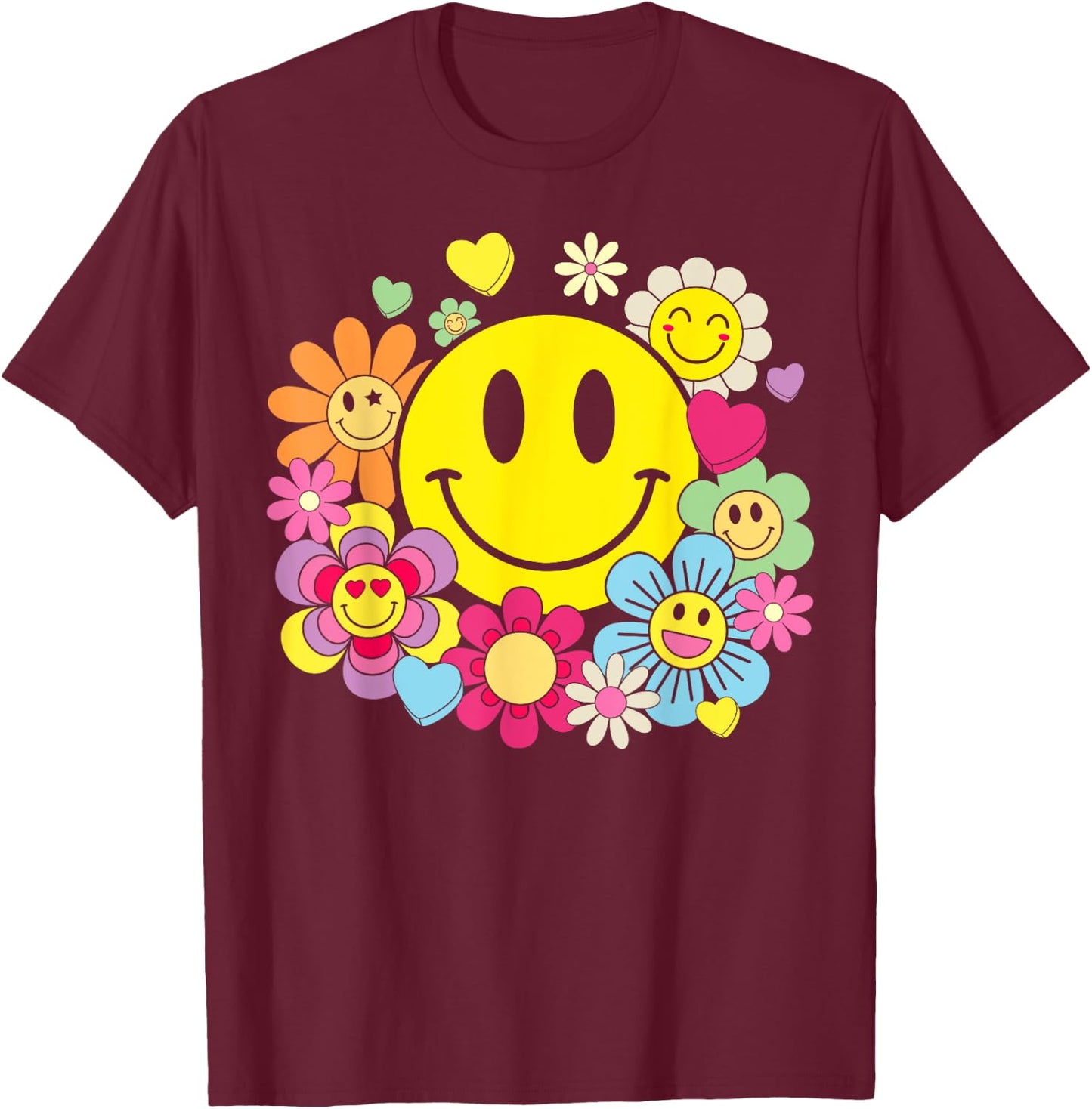 Retro Smile Face Flower Happy Face Flowers Heart Kids Girls T-Shirt - T-Shirt | Maroon