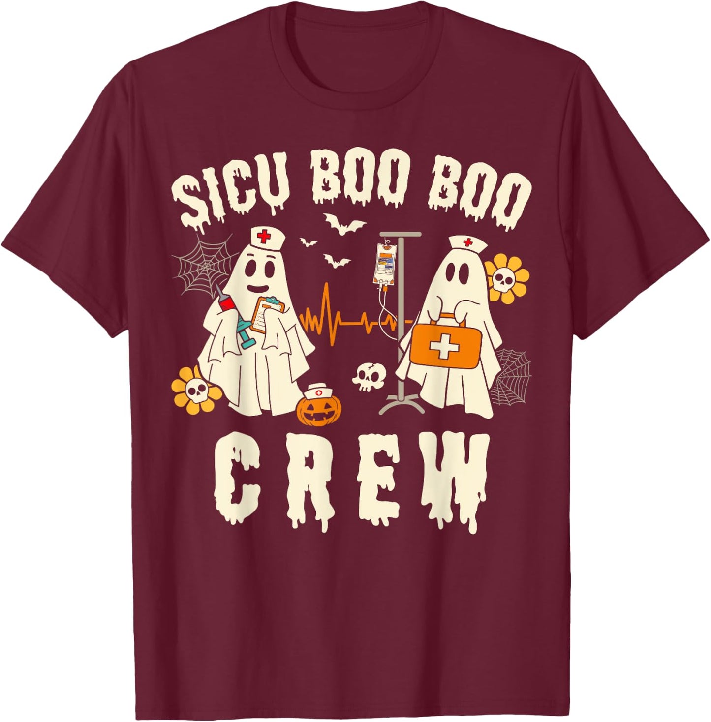SICU Nurse Cute Health Worker Halloween Ghost Nurse T-Shirt - T-Shirt | Maroon