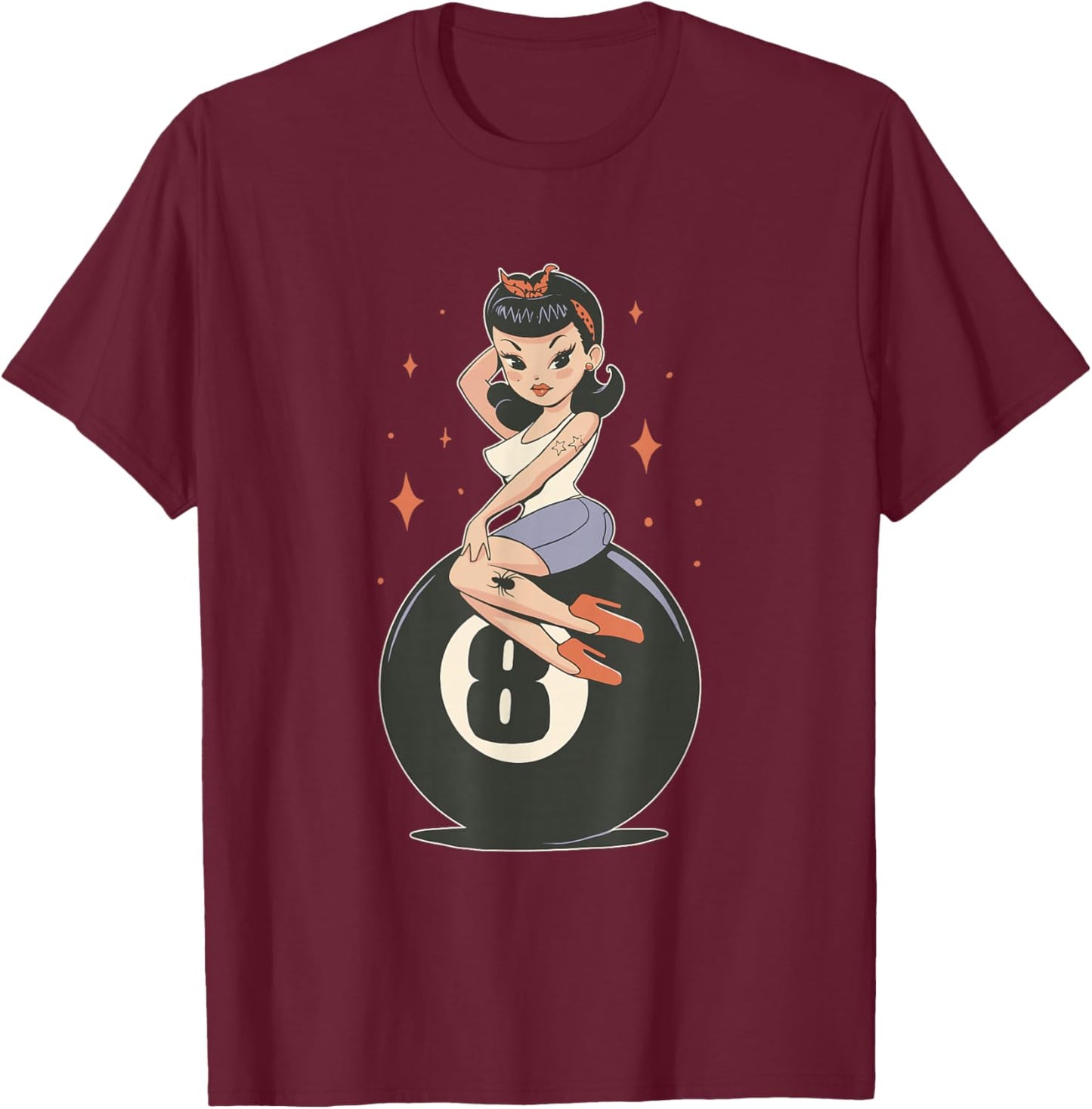 Vintage Pinup Girl 8-Ball Billiards Rockabilly Tattoo Art T-Shirt - T-Shirt | Maroon