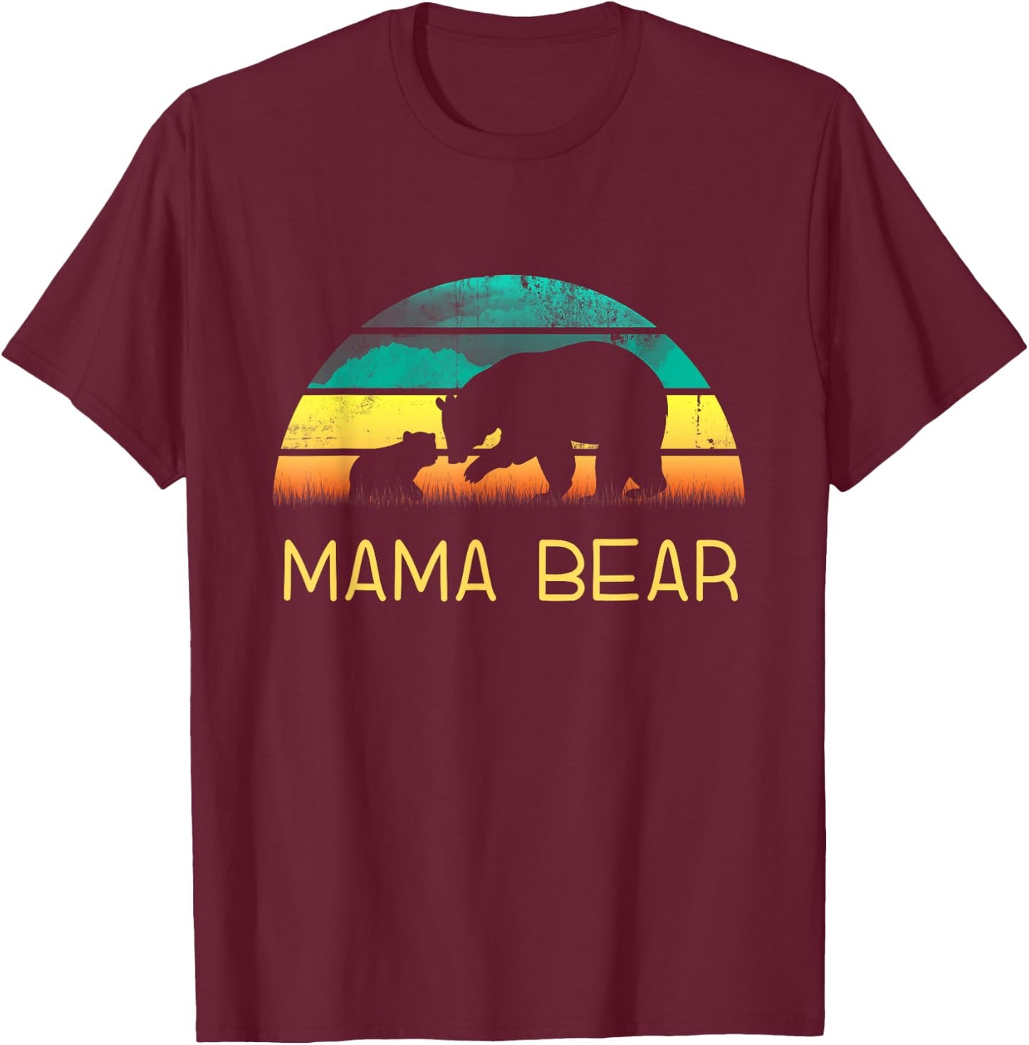 Mama Bear One Cub Vintage Sunset Mother's Day Hiking Outdoor T-Shirt - T-Shirt | Maroon
