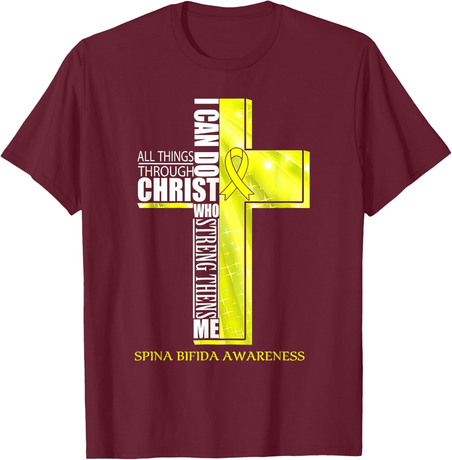 Spina Bifida Awareness Christian Cross Ribbon T-Shirt - T-Shirt | Maroon