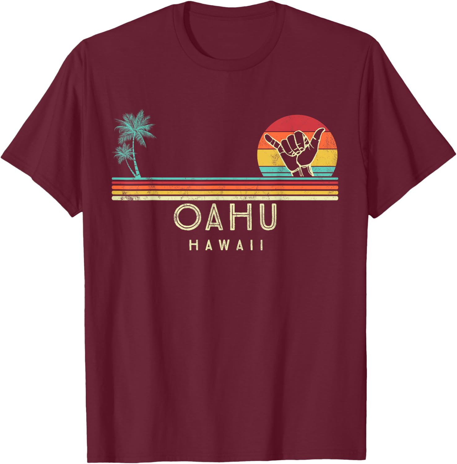 Oahu Hawaii Shaka palm trees tropical T-Shirt - T-Shirt | Maroon