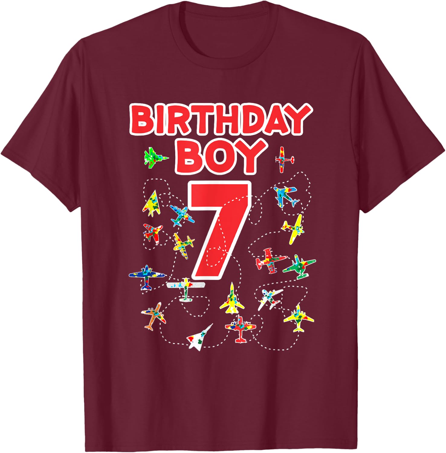 7th birthday boy airplane shirt-Seven Birthday party Kids T-Shirt - T-Shirt | Maroon