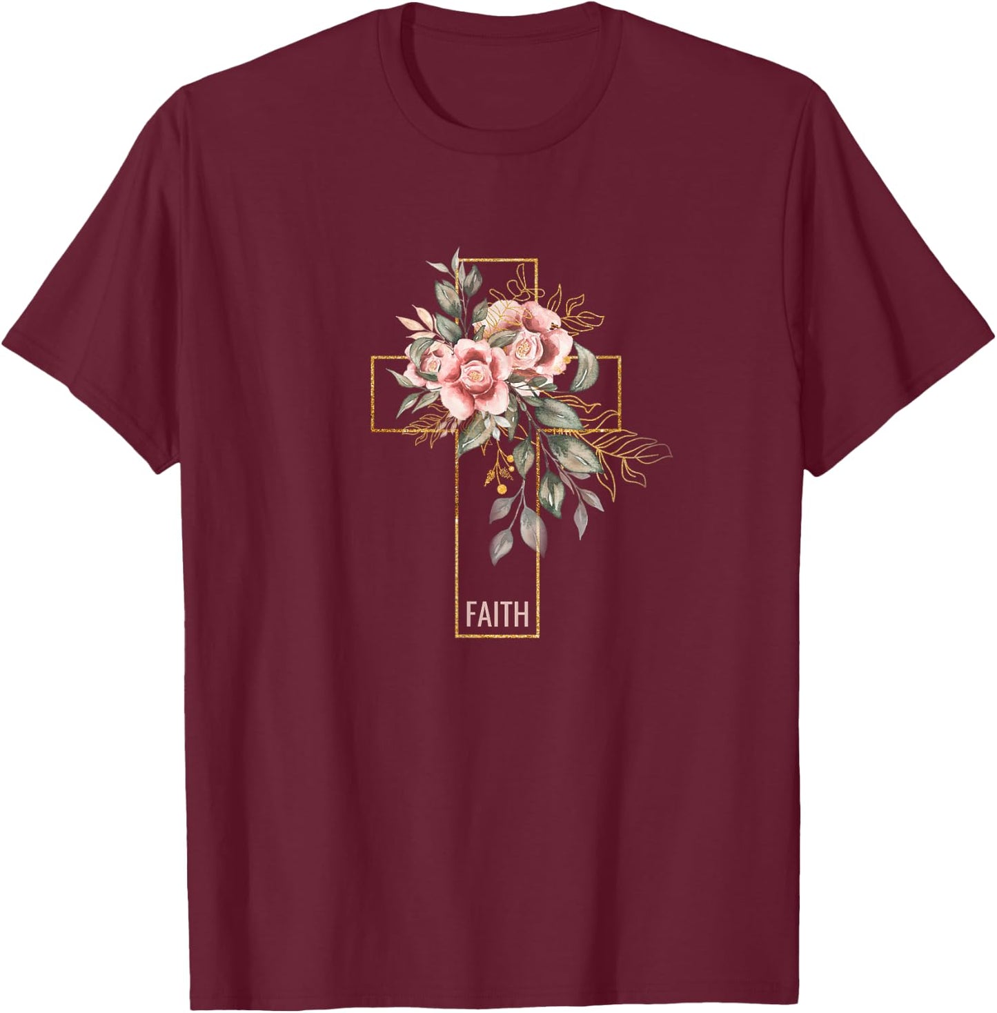 Faith Flowers and Cross Design Christian Believer T-Shirt - T-Shirt | Maroon