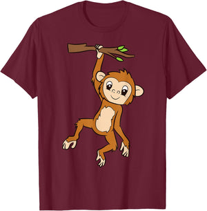 Monkey Hanging On Branch Ape Kids Cute Monkey T-Shirt - T-Shirt | Maroon