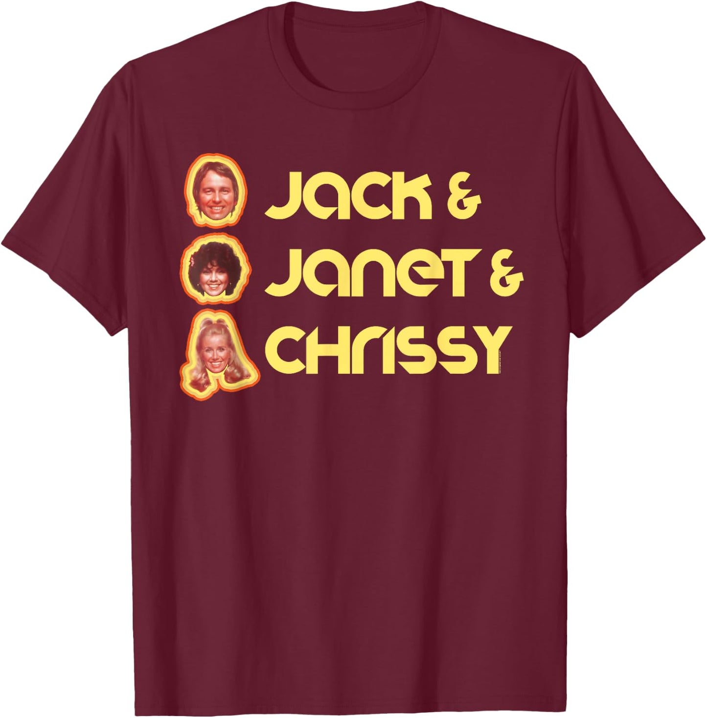 Jack & Janet & Chrissy Three's Company Roommate Faces Retro T-Shirt - T-Shirt | Maroon