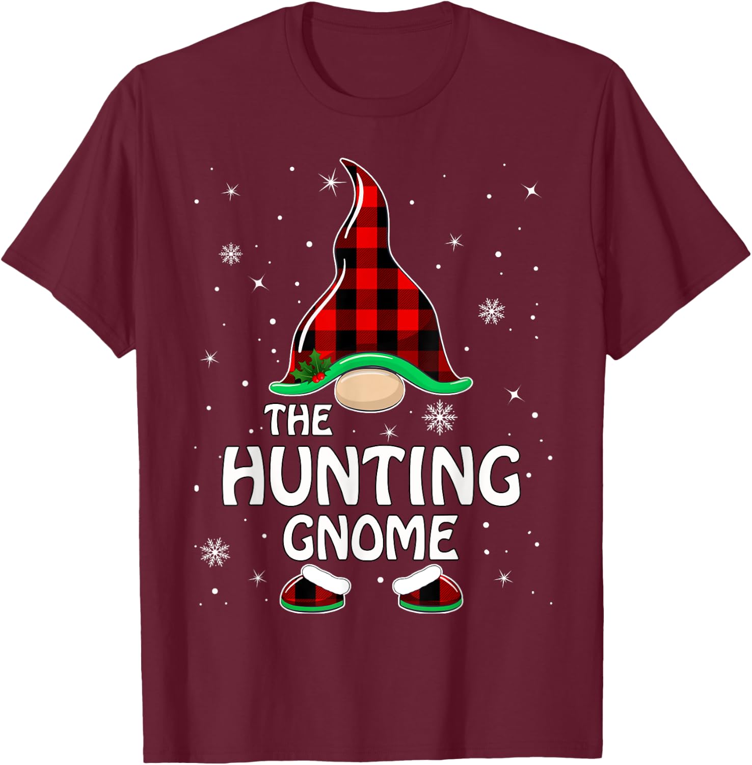 Hunting Gnome Buffalo Plaid Matching Family Christmas Pajama T-Shirt - T-Shirt | Maroon