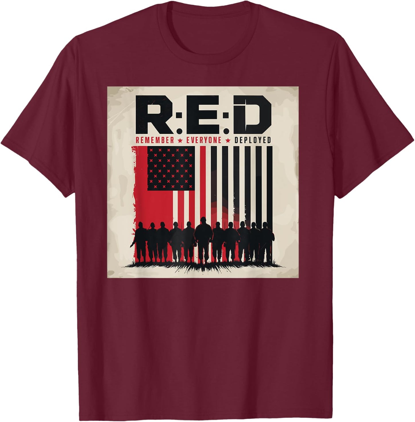 Remember Everyone Deployed Patriotic Veteran American Flag T-Shirt - T-Shirt | Maroon