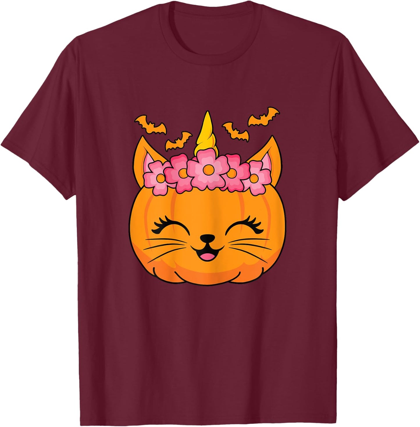 Cute Halloween Cat Unicorn Pumpkin Thanksgiving Women Girls T-Shirt - T-Shirt | Maroon